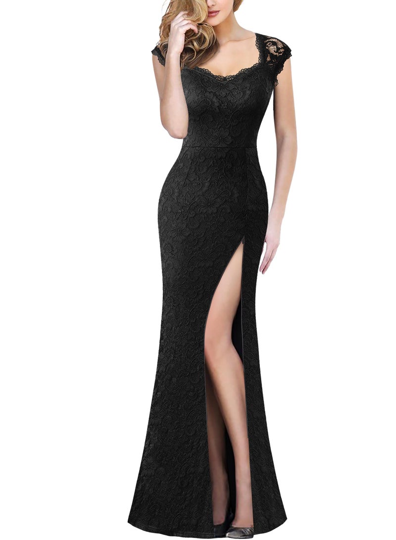 VFSHOW Womens Black Floral Lace Sweetheart Neckline Keyhole Back High Split Formal Evening Wedding Prom Party Maxi Long Dress 3780 BLK L - Image 1